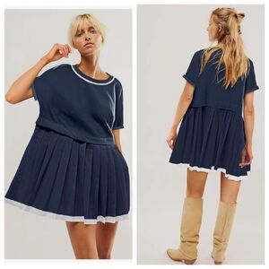 Casual Short Sleeve Crewneck T Shirt Dress Flowy Pleated Mini Dress